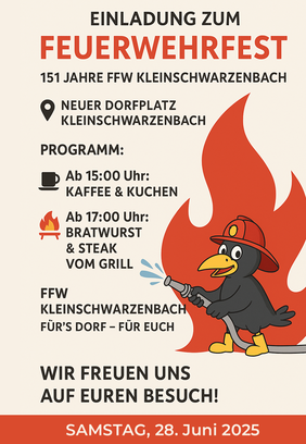 Einladung zum Feuerwehrfest Am Samstag, den 28. Juni findet das Feuerwehrfest Kleinschwarzenbach statt.