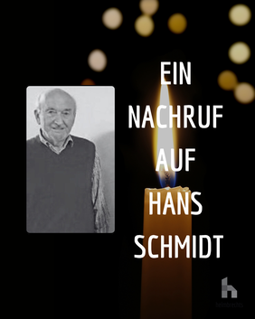 Nachruf auf Hans Schmidt Dunkler Hintergrund mit einer brennenden Kerze und einem Foto des Verstorbenen im Vordergrund