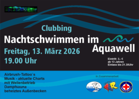 Plakat mit Informationen auf das Nachtschwimmen im Aquawell am 13.3.26