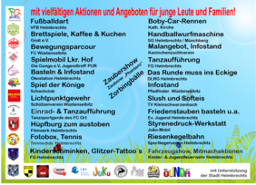 Plakat zum Kinder, Jugend und Familientag 2025 Details von Vereinen zu ihren Aktionen am Kinder, Jugend und Familientag am 14. September 2025
