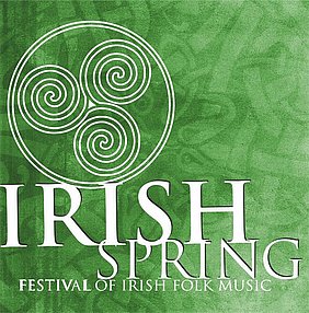 Grüner Hintergrund mit weißer Schrift "Irish Spring - Festival of Irish Folk Music" und deren Logo