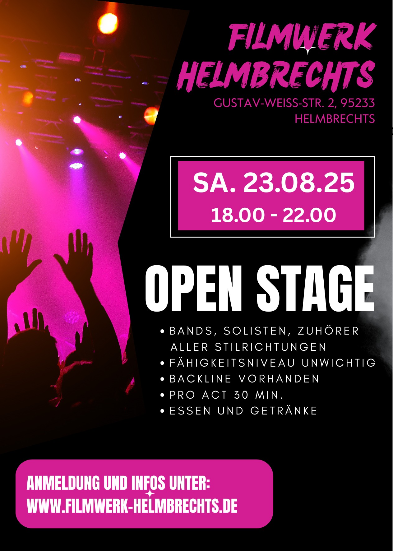 Informatives Plakat zur Open Stage in Helmbrechts am 23.08.25 von 18 bis 22 Uhr