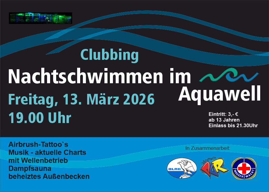 Plakat mit Informationen auf das Nachtschwimmen im Aquawell am 13.3.26